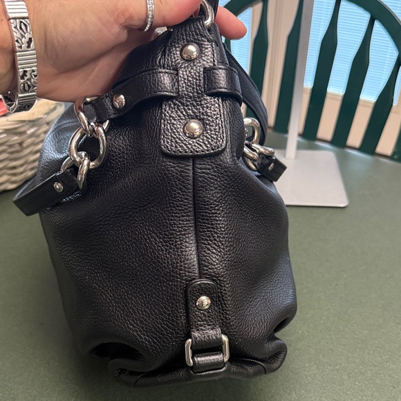 Coach Black Leather Shoulder Bag with Animal Print Accent